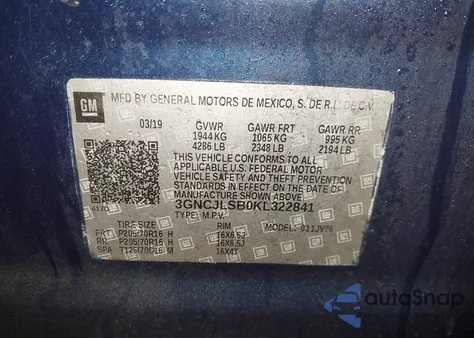 2019 Chevrolet Trax Lt from USA, damaged, VIN 3GNCJLSB0KL322841